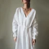 Bornliadies 2026 Spring Summer New Women‘s V-neck Dress Strap Waist Lantern Sleeve Loose Lazy Style Solid Color Minimalist Dress
