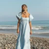 Bornladies 2026 Summer New Square Neck Dress Puff Sleeve Waist-Cinching Beach Resort Seaside Wear